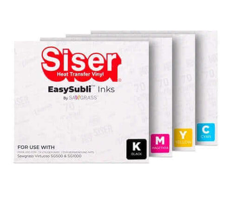Siser EasySubli inks for Sawgrass SG500 and SG1000, featuring black, cyan, magenta, and yellow colors.