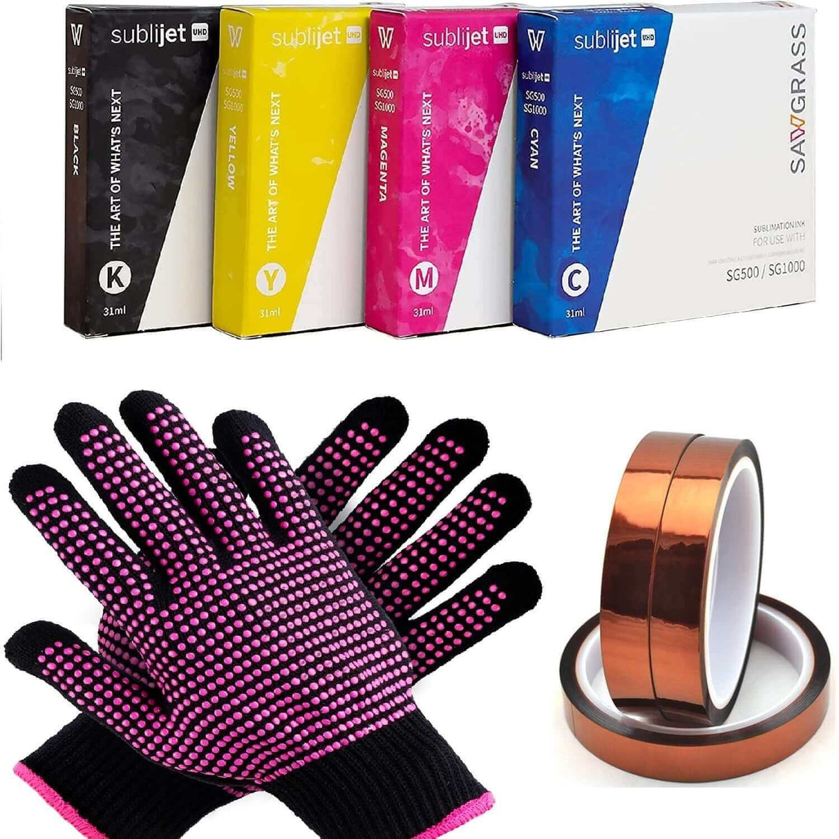 Sublijet UHD Ink for Sawgrass SG500 & SG1000 - Bundle 1 includes ink cartridges, gloves, and heat resistant tape.