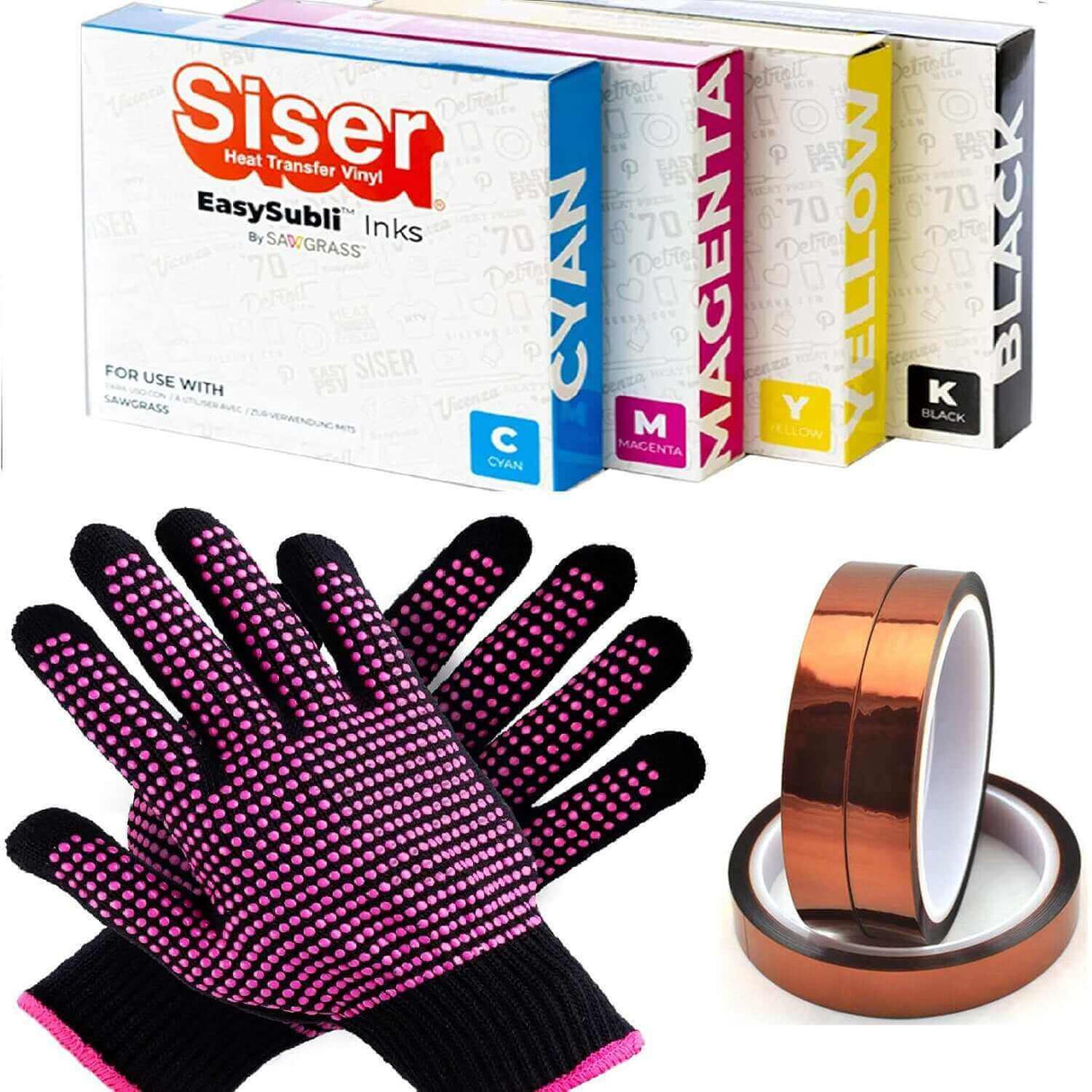 Siser Easysubli Ink for Sawgrss SG500 & SG1000 - Bundle 3 includes cartridges, gloves, and heat resistant tape.