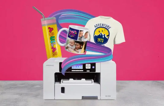 Sawgrass SG500 Sublimation Printer - With Full Size 31ml Inks showcasing printed designs on a t-shirt, mug, and straw.