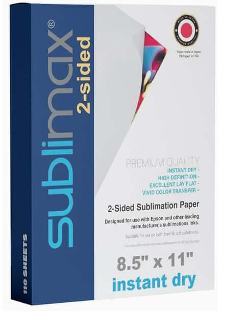SUBLIMAX Sublimation Paper 8.5 x 11" (110 sheets) packaging, instant dry technology, premium quality, two-sided printing.