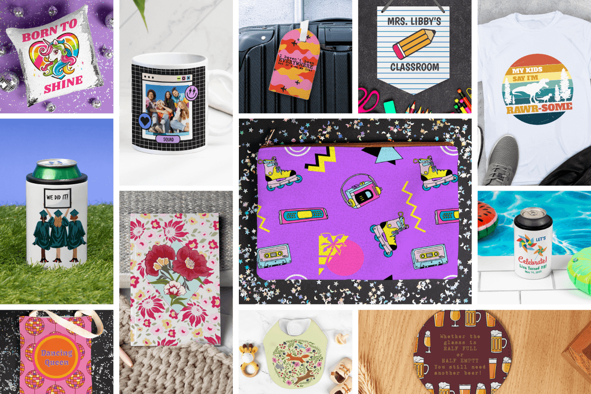 Variety of creative sublimation products, including mugs, tags, and fabric designs showcasing vibrant colors and patterns.