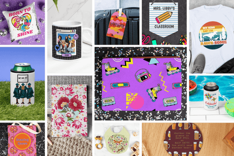 Variety of creative sublimation products, including mugs, tags, and fabric designs showcasing vibrant colors and patterns.