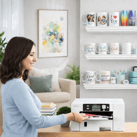 Woman using Sawgrass SG500 printer and making sublimation mugs