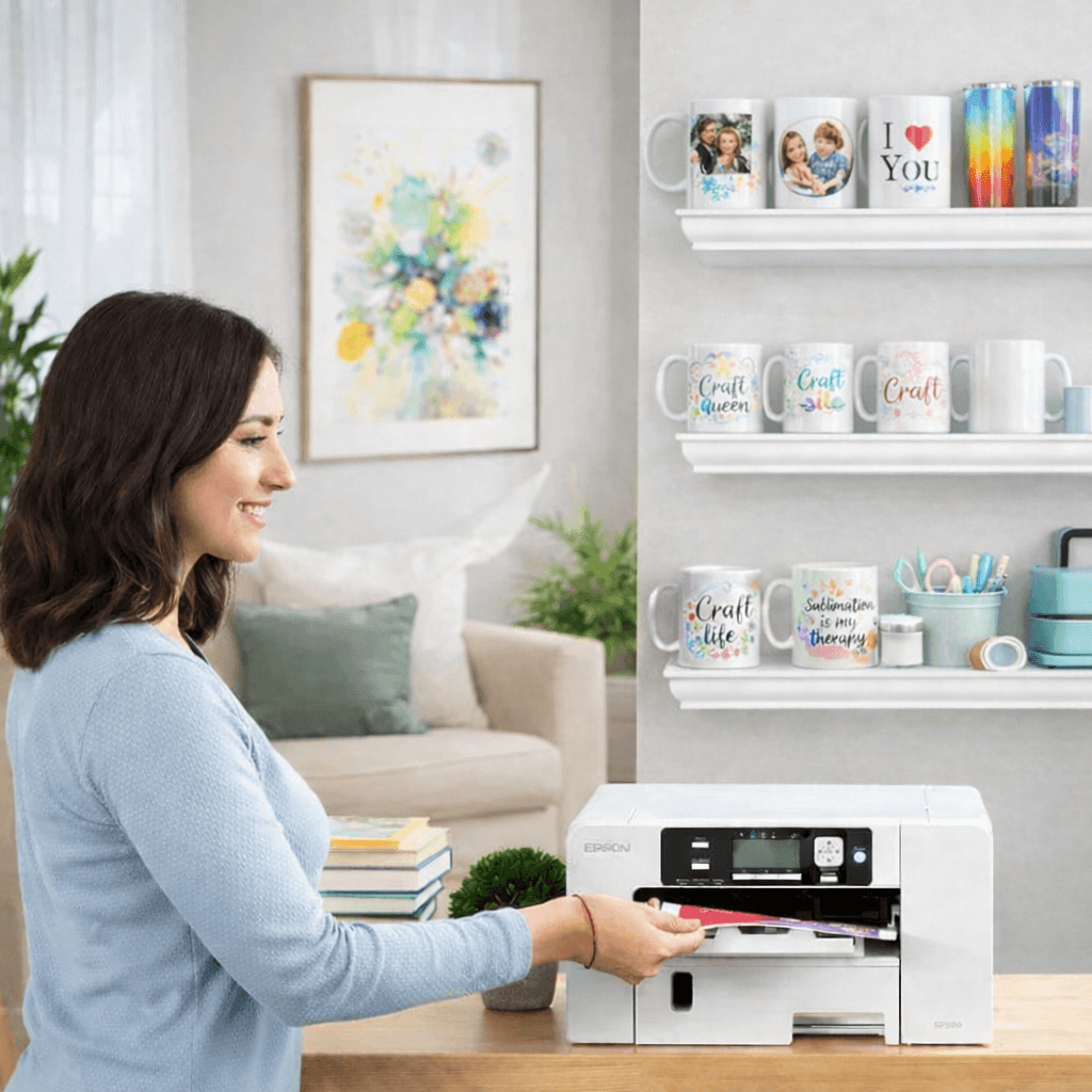 Woman using a printer to create custom craft items in a bright living space filled with colorful mugs and decor.
