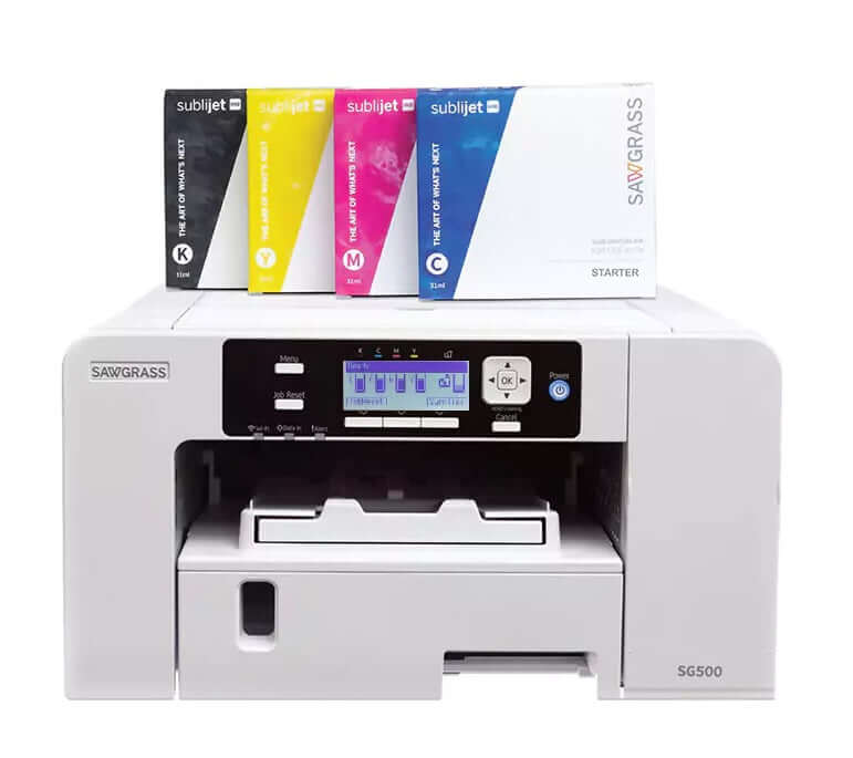 Sawgrass SG500 Sublimation Printer with Sublijet UHD starter inks for vibrant, personalized printing.