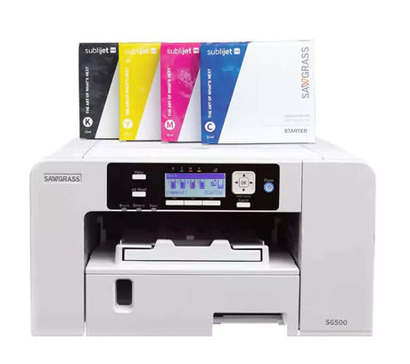 Sawgrass SG500 Sublimation Printer with Sublijet UHD starter inks for vibrant, personalized printing.