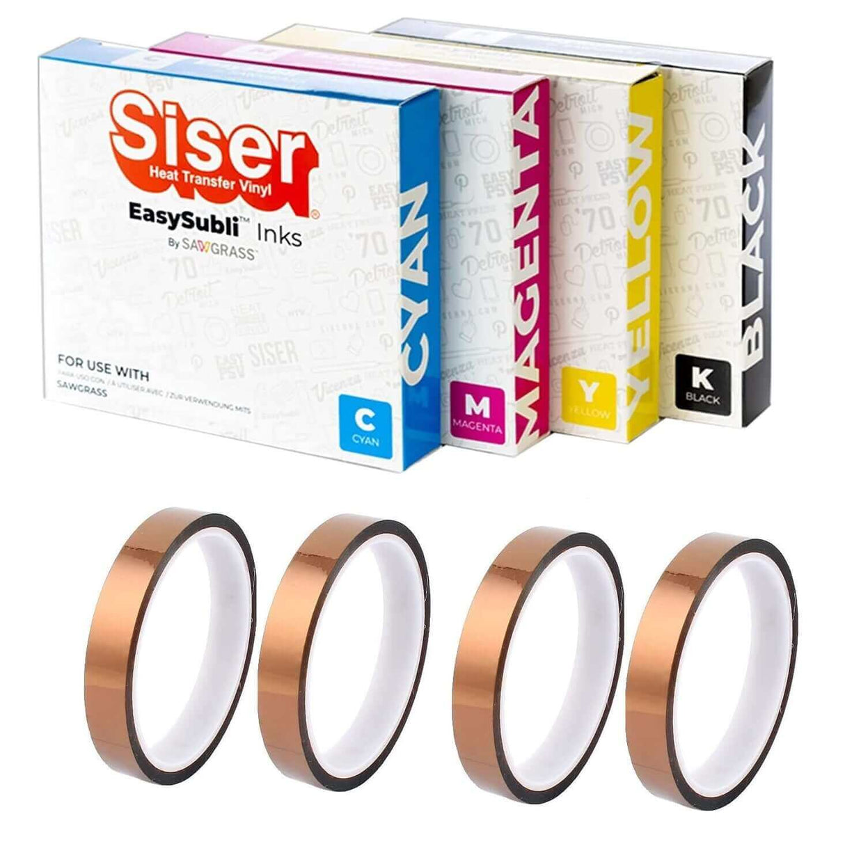 Siser Easysubli Ink Bundle for Sawgrass SG500 & SG1000 with 4 ink cartridges in black, cyan, magenta, yellow, and 4 heat-resistant tapes.