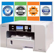 Sawgrass SG500 sublimation printer with starter package and warranty badges, showcasing vibrant personalization capabilities.