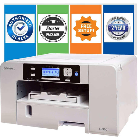 Sawgrass SG500 sublimation printer with starter package and warranty badges, showcasing vibrant personalization capabilities.