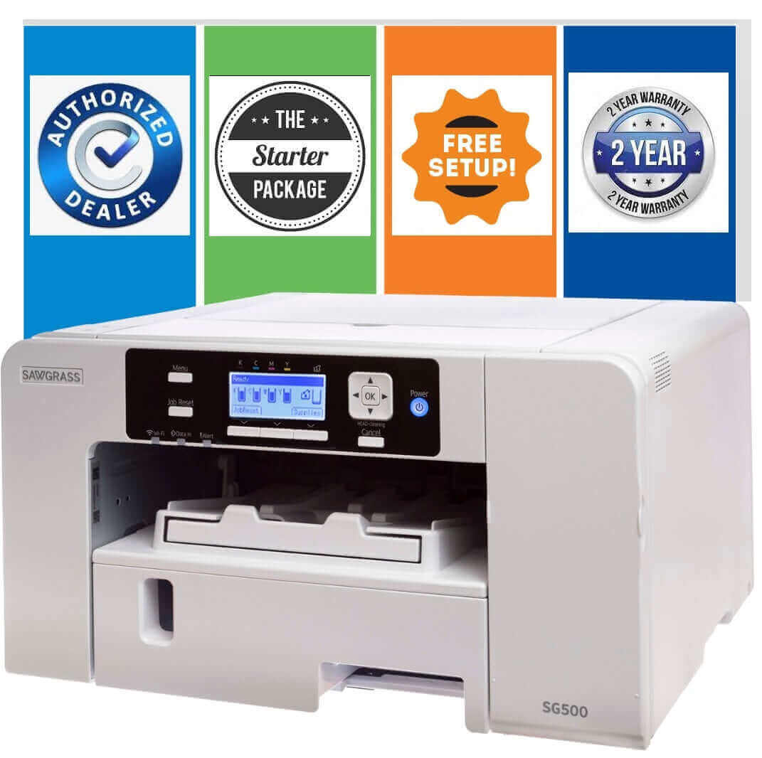 Sawgrass SG500 sublimation printer with starter package and warranty badges, showcasing vibrant personalization capabilities.