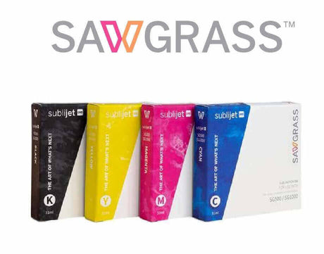 Sawgrass SubliJet UHD inks for SG500 & SG1000: Black, Cyan, Magenta, Yellow cartridges for vibrant sublimation printing.