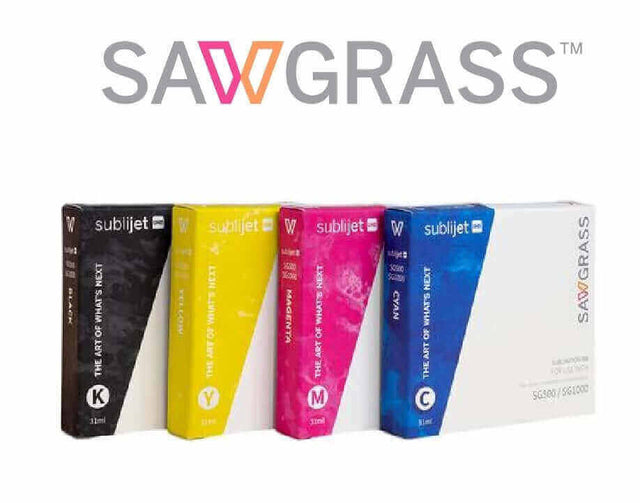 Sawgrass SubliJet UHD inks for SG500 & SG1000: Black, Cyan, Magenta, Yellow cartridges for vibrant sublimation printing.