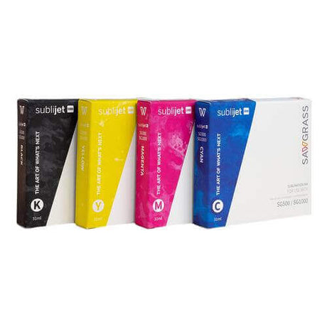 Sawgrass SubliJet UHD Ink 4 Pack for SG500 SG1000: Black, Yellow, Magenta, Cyan cartridges.