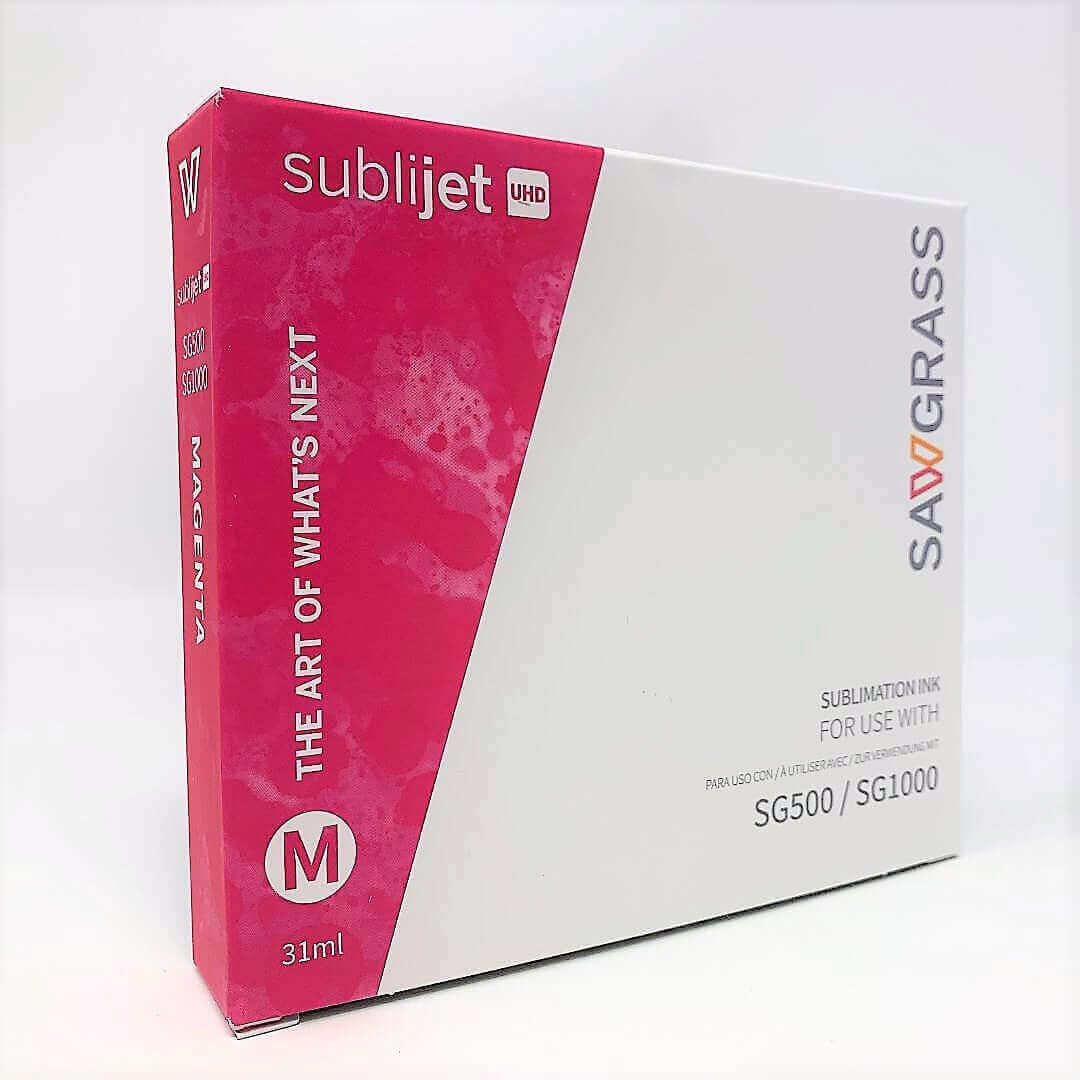 Sawgrass SG500/SG1000 Magenta Ink (31ml) – Genuine SubliJet UHD Cartridge packaging showing vibrant magenta color.