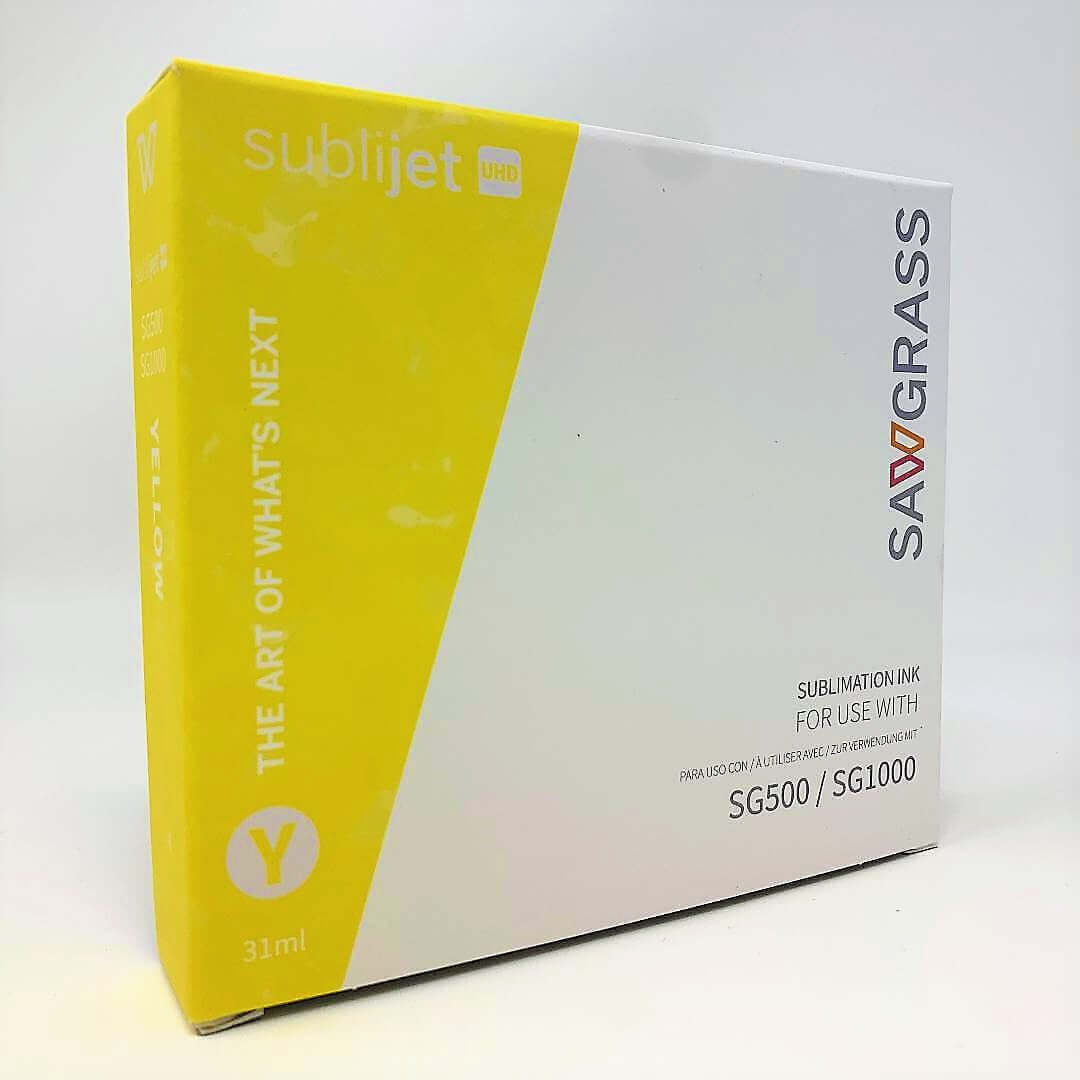 Sawgrass SG500/SG1000 Yellow Ink (31ml) – Genuine SubliJet UHD Cartridge packaging on display.