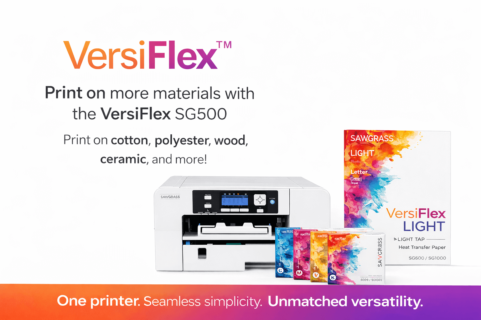 Versiflex printer with inks and transfer paper, the solution for printing on cotton, wood, ceramic and more.