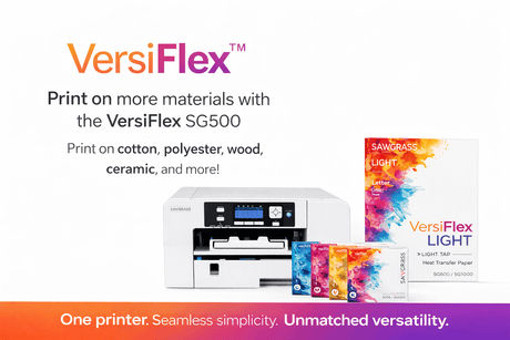 Versiflex printer with inks and transfer paper, the solution for printing on cotton, wood, ceramic and more.