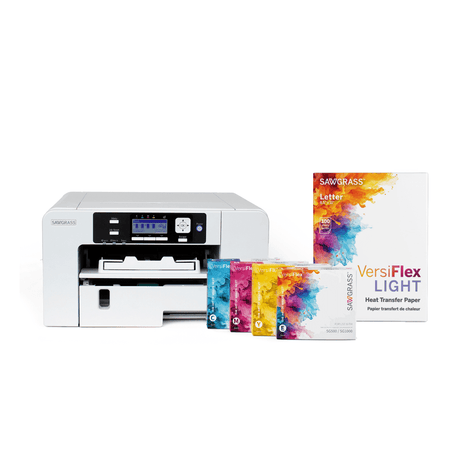Sawgrass SG500 Versiflex Bundle with 31ml inks (full size) & paper showcasing printer and vibrant ink cartridges.