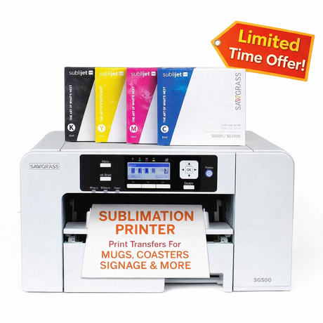 Sawgrass SG500 Sublimation Printer - With Full Size 31ml Inks showcasing SubliJet UHD Ink cartridges and a promotional banner.