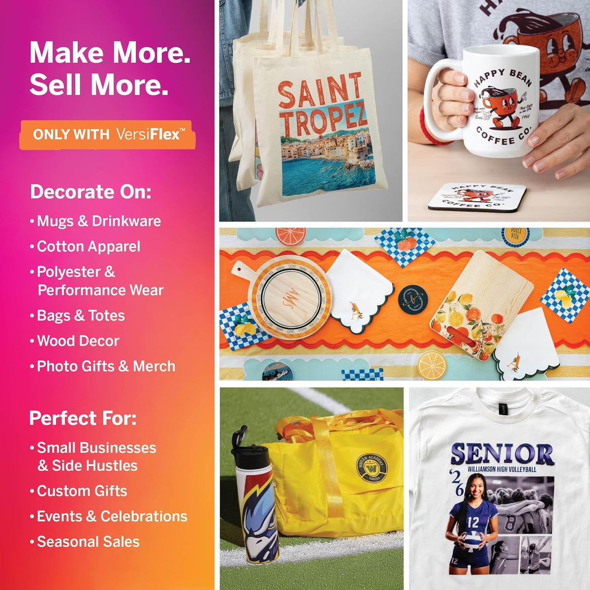 Sawgrass SG500 Versiflex Bundle with 31ml inks (full size) showcasing various custom products and designs.