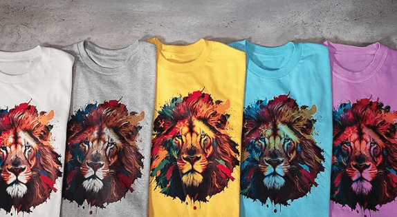 Colorful lion graphic t-shirts in various shades, showcasing artistic lion designs on cotton fabric.
