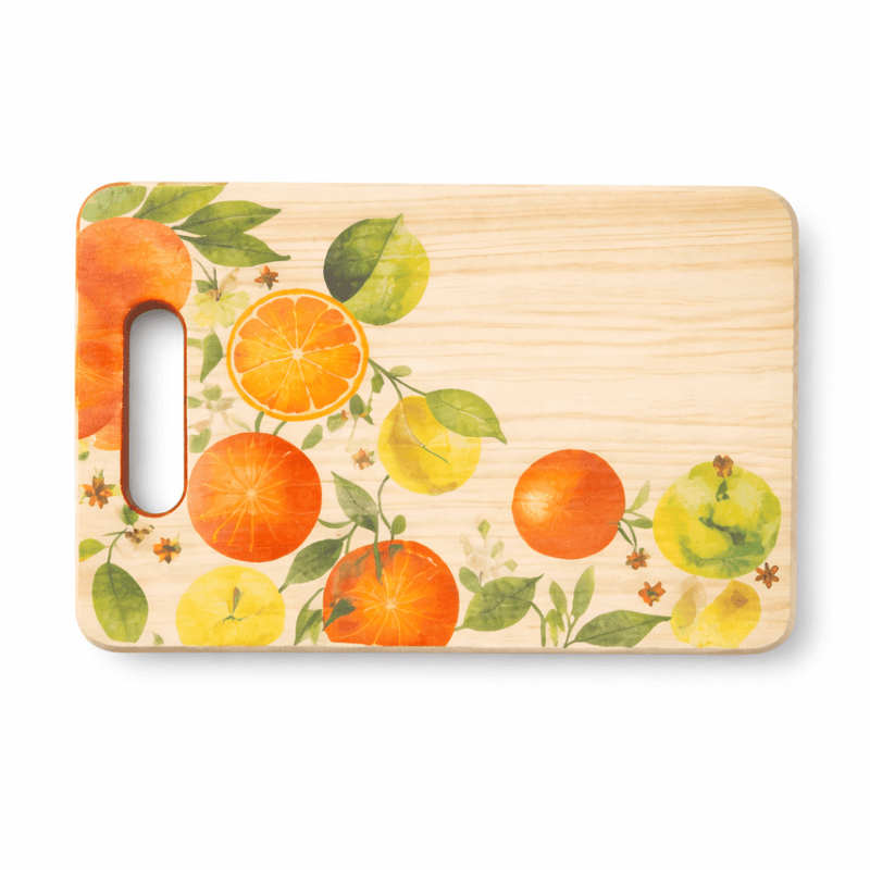 Colorful wooden cutting board with orange and lemon fruit designs, ideal for kitchen decor and food preparation.