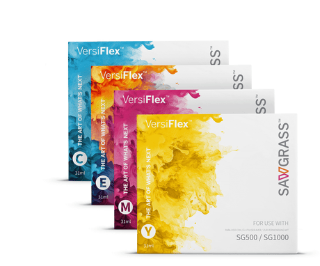 Sawgrass SG500 Versiflex Bundle with 31ml inks (full size) & paper, includes CMY ink cartridges.