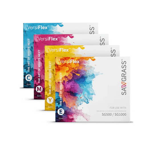 VersiFlex dye sub ink packs from Sawgrass, featuring vibrant color options for SG500 and SG1000 printers.