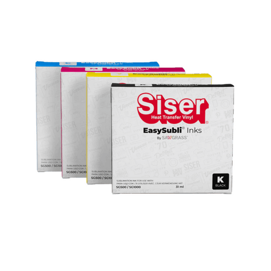 Siser EasySubli Inks for heat transfer vinyl in black and primary colors, ideal for crafting and printing projects.