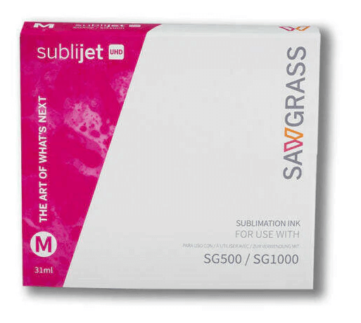 Sawgrass SG500/SG1000 Magenta Ink (31ml) – Genuine SubliJet UHD Cartridge packaging with vibrant magenta design.