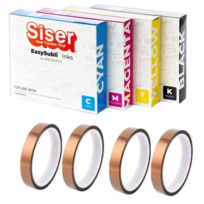 Siser Easysubli Ink Bundle for Sawgrass SG500 & SG1000 with 4 ink cartridges in black, cyan, magenta, yellow, and 4 heat-resistant tapes.
