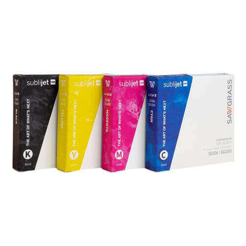Sawgrass SubliJet UHD Ink 4 Pack for SG500 SG1000: Black, Yellow, Magenta, Cyan cartridges.