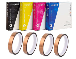 Sawgrass SG500 Sublijet UHD sublimation ink cartridges with 4 rolls of Sublimax Heat Tape for vibrant prints.
