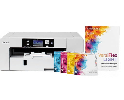 Sawgrass Versiflex SG1000 Printer Bundle featuring printer, VersiFlex ink kit, and transfer paper.